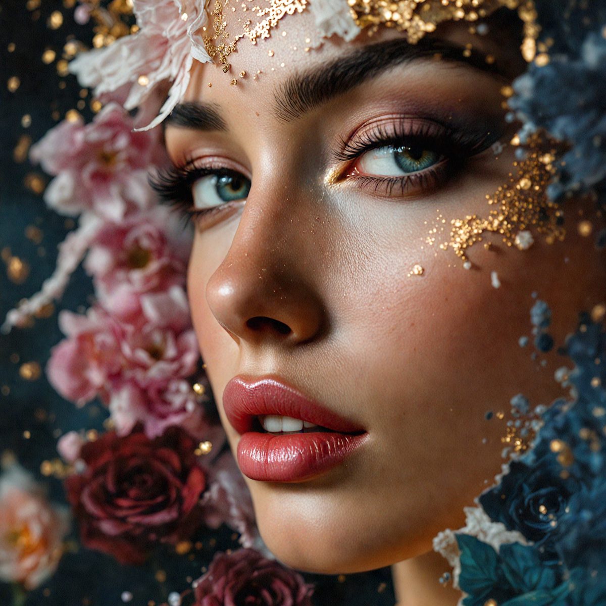 The primary subject of the image is a woman with a flower crown on her head. She is wearing lipstick and has a beautiful smile. The setting is a flower-covered background, which adds to the overall mood of the image. The visual style is a combination of photo and digital art, creating a unique and artistic representation of the woman. The colors and mood of the image are predominantly pink and floral, evoking a sense of beauty and elegance.